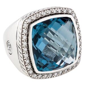 David Yurman Cushion Blue Topaz & Diamond Halo Ring